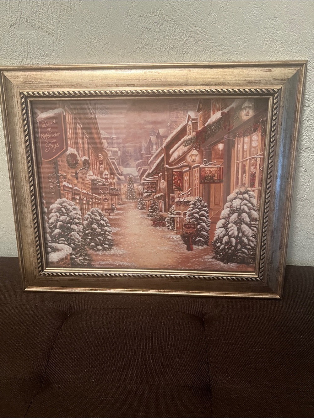 #2072**”15x17”Framed Winter Street Scene Wall Art - Snowy Town